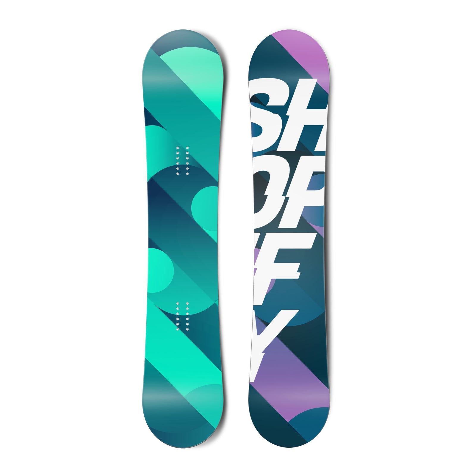 Top and bottom view of a snowboard. The top view shows abstract circles and lines in shades of
          teal. The bottom view shows abstract circles and lines in shades of purple and blue with the text “SHOPIFY”
          in a sans serif typeface on top.